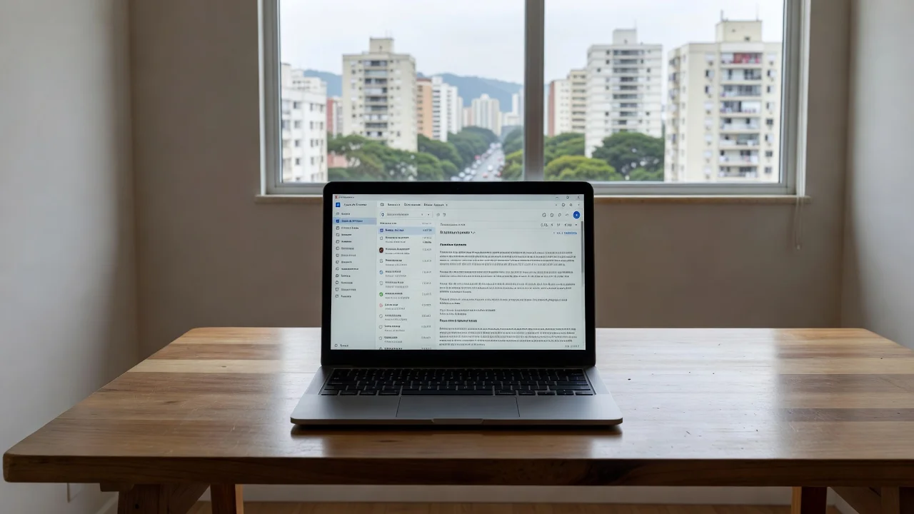 Laptop em mesa com interface de e-mail e vista para imóveis residenciais em São Paulo