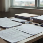 Documentos e checklists de contratos de intermediação imobiliária sobre mesa de escritório