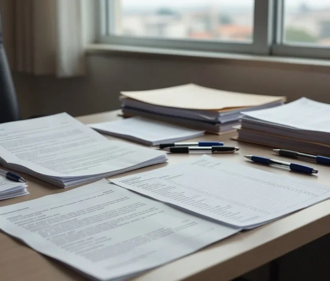 Documentos e checklists de contratos de intermediação imobiliária sobre mesa de escritório