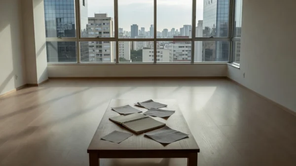 Apartamento vazio com anotações de feedback de visitas no mercado imobiliário