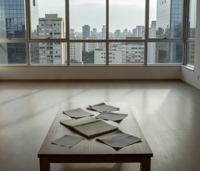 Apartamento vazio com anotações de feedback de visitas no mercado imobiliário