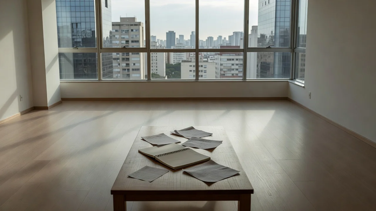 Apartamento vazio com anotações de feedback de visitas no mercado imobiliário