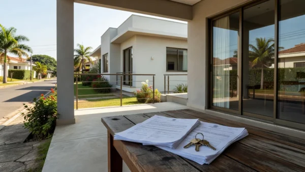 Casa brasileira com documentos de contrato imobiliário representando alinhamento de comissão e exclusividade