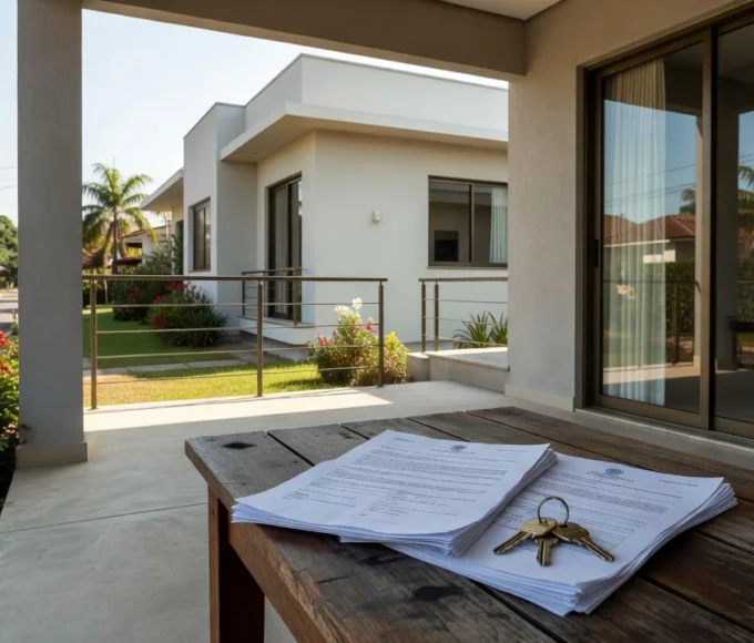 Casa brasileira com documentos de contrato imobiliário representando alinhamento de comissão e exclusividade