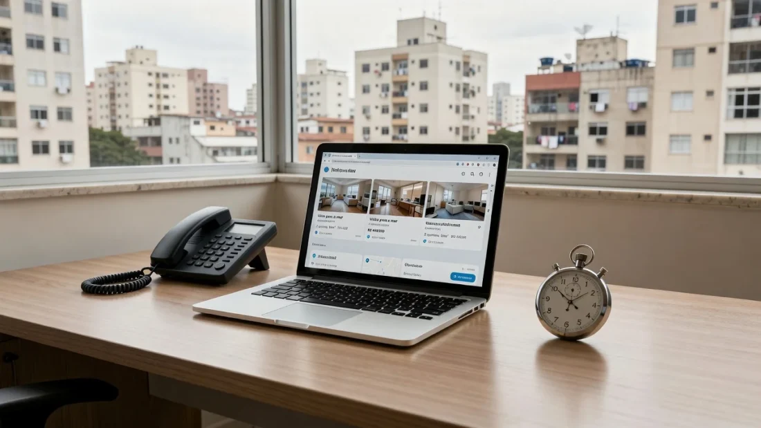 Escritório imobiliário com telefone e notebook para medição de tempo de primeiro contato