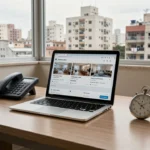 Escritório imobiliário com telefone e notebook para medição de tempo de primeiro contato