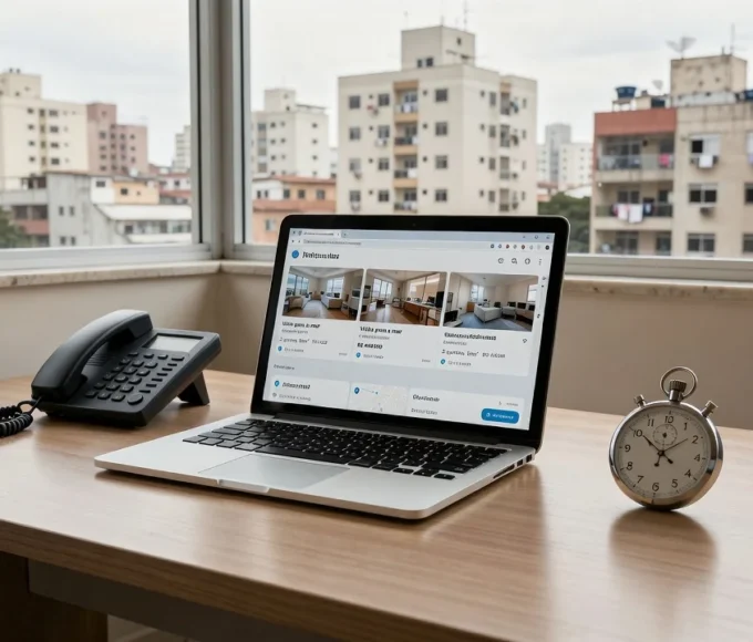 Escritório imobiliário com telefone e notebook para medição de tempo de primeiro contato