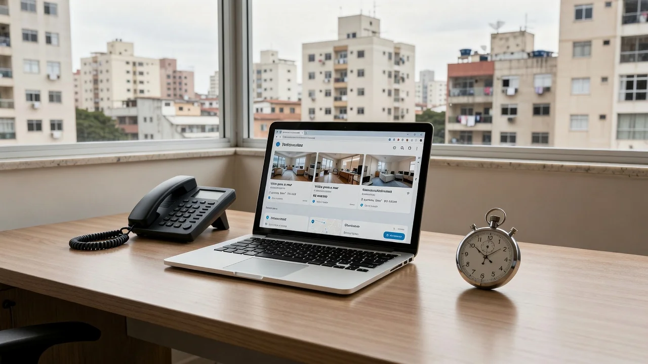 Escritório imobiliário com telefone e notebook para medição de tempo de primeiro contato