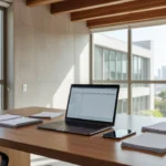 Mesa com smartphone e notebook organizando visitas imobiliárias via WhatsApp e Google Calendar