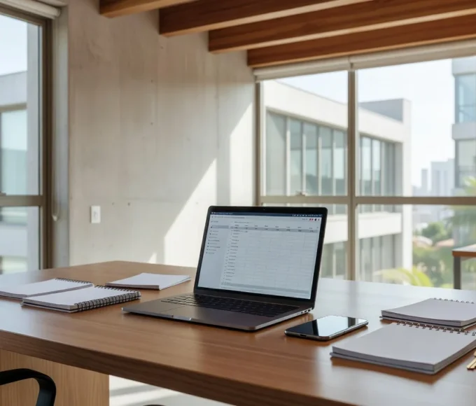 Mesa com smartphone e notebook organizando visitas imobiliárias via WhatsApp e Google Calendar