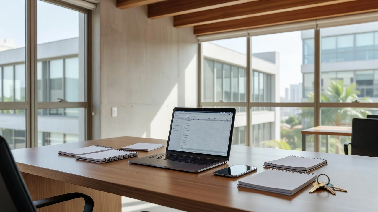 Mesa com smartphone e notebook organizando visitas imobiliárias via WhatsApp e Google Calendar