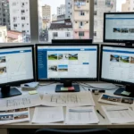 Monitores com portais imobiliários em escritório de corretor no Brasil