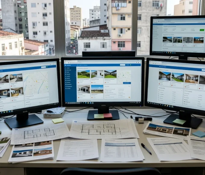 Monitores com portais imobiliários em escritório de corretor no Brasil