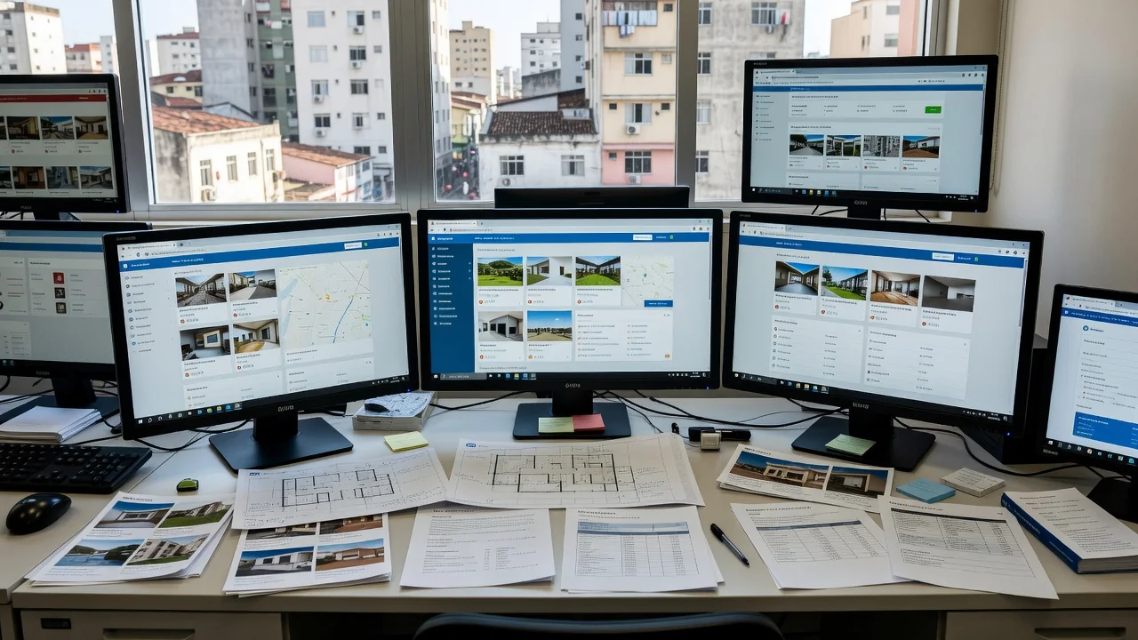 Monitores com portais imobiliários em escritório de corretor no Brasil