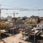 Canteiro de obras públicas em área urbana brasileira para captação imobiliária