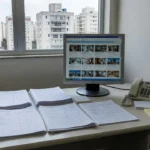 Mesa de imobiliária com computador, fichas e documentos de imóveis no Brasil
