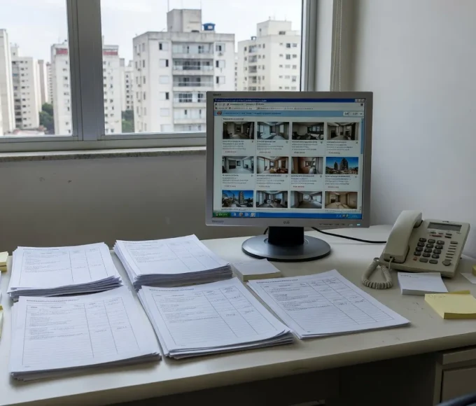 Mesa de imobiliária com computador, fichas e documentos de imóveis no Brasil