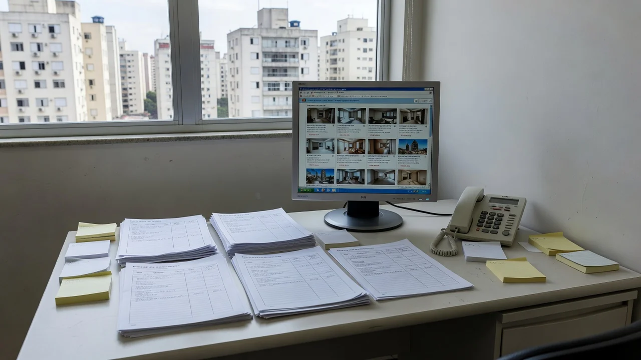 Mesa de imobiliária com computador, fichas e documentos de imóveis no Brasil