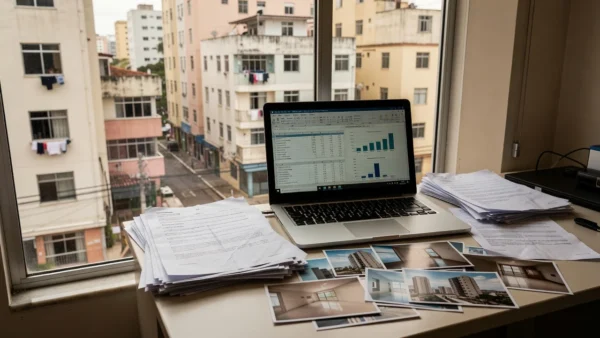 Mesa com notebook e planilha de controle de imóveis encalhados no mercado imobiliário brasileiro