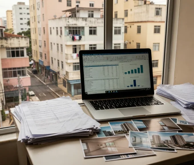 Mesa com notebook e planilha de controle de imóveis encalhados no mercado imobiliário brasileiro
