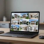 Laptop com fotos de imóveis brasileiros para teste de anúncios