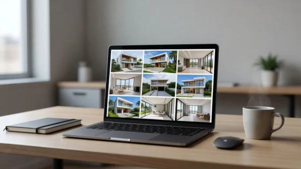 Laptop com fotos de imóveis brasileiros para teste de anúncios