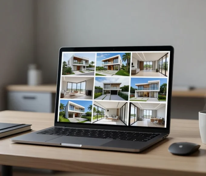 Laptop com fotos de imóveis brasileiros para teste de anúncios