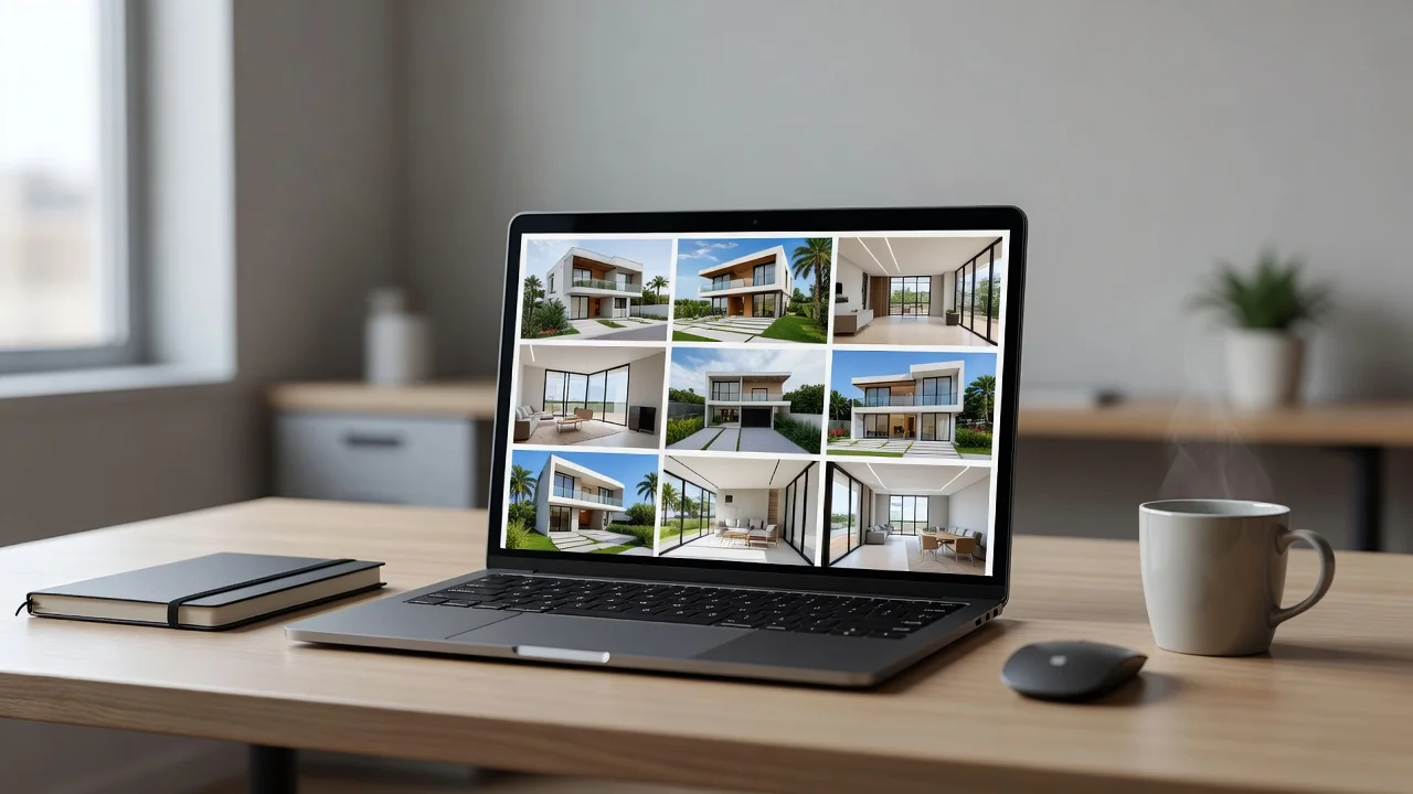 Laptop com fotos de imóveis brasileiros para teste de anúncios