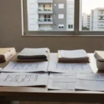 Documentos e pastas de dossiê de condomínio sobre mesa em escritório imobiliário
