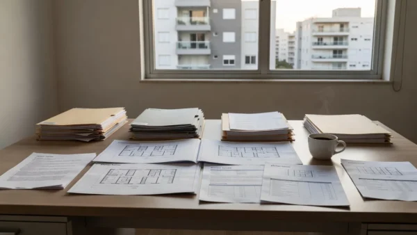 Documentos e pastas de dossiê de condomínio sobre mesa em escritório imobiliário
