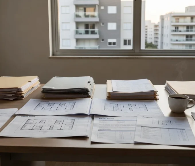 Documentos e pastas de dossiê de condomínio sobre mesa em escritório imobiliário