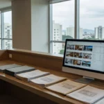 Balcão de atendimento em imobiliária brasileira com materiais de vendas de imóveis