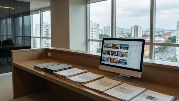 Balcão de atendimento em imobiliária brasileira com materiais de vendas de imóveis