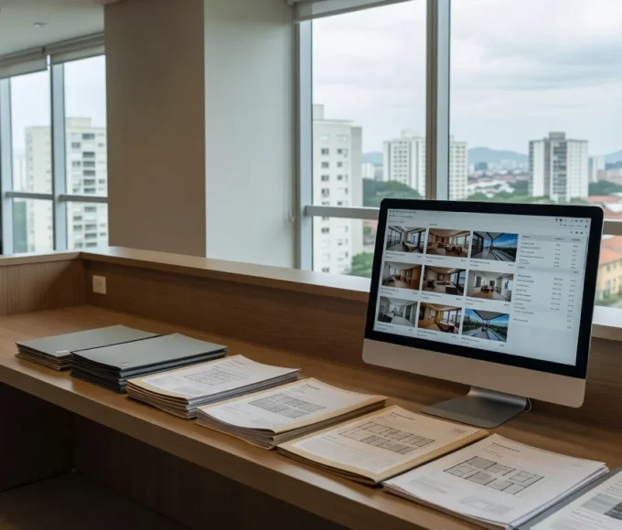 Balcão de atendimento em imobiliária brasileira com materiais de vendas de imóveis