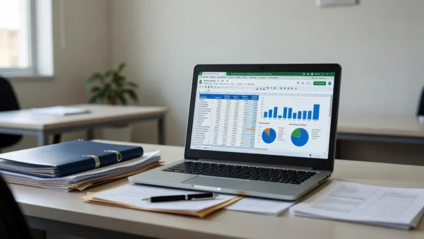 Planilha Google Sheets com dados de imóveis exclusivos em mesa de escritório imobiliário