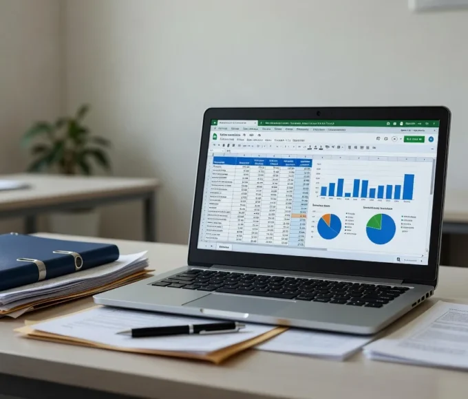 Planilha Google Sheets com dados de imóveis exclusivos em mesa de escritório imobiliário
