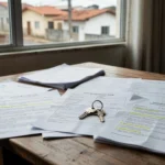 Documentos de inventário de imóvel e contratos imobiliários sobre mesa de escritório