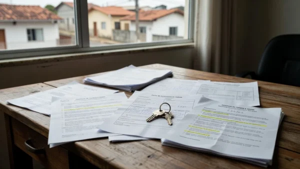 Documentos de inventário de imóvel e contratos imobiliários sobre mesa de escritório