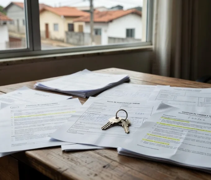 Documentos de inventário de imóvel e contratos imobiliários sobre mesa de escritório