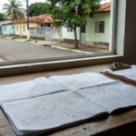 Relatório de bairro impresso em mesa durante visita imobiliária no Brasil