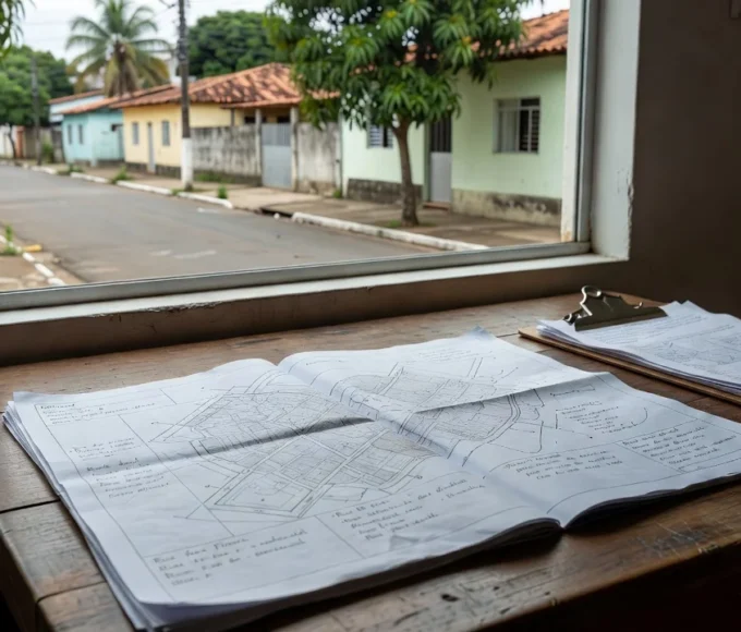 Relatório de bairro impresso em mesa durante visita imobiliária no Brasil