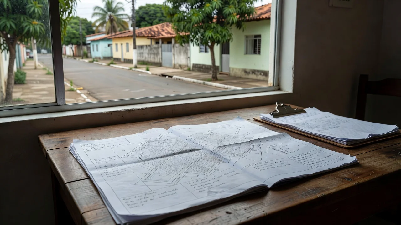 Relatório de bairro impresso em mesa durante visita imobiliária no Brasil