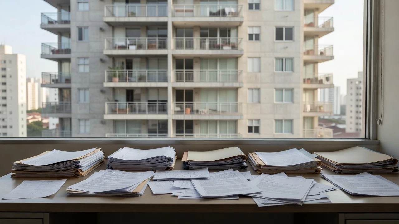 Documentos de propostas imobiliárias sobre mesa em escritório no Brasil