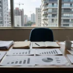 Mesa de escritório imobiliário com vista para prédios residenciais no Brasil