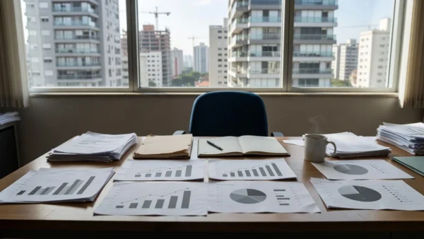 Mesa de escritório imobiliário com vista para prédios residenciais no Brasil