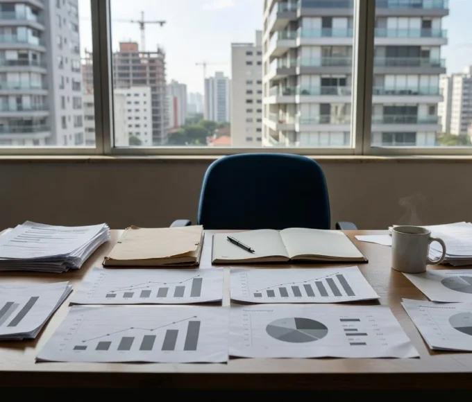 Mesa de escritório imobiliário com vista para prédios residenciais no Brasil