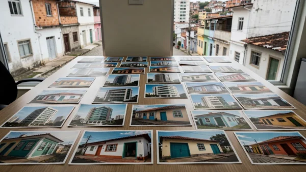 Escritório imobiliário com fotos de imóveis residenciais no Brasil